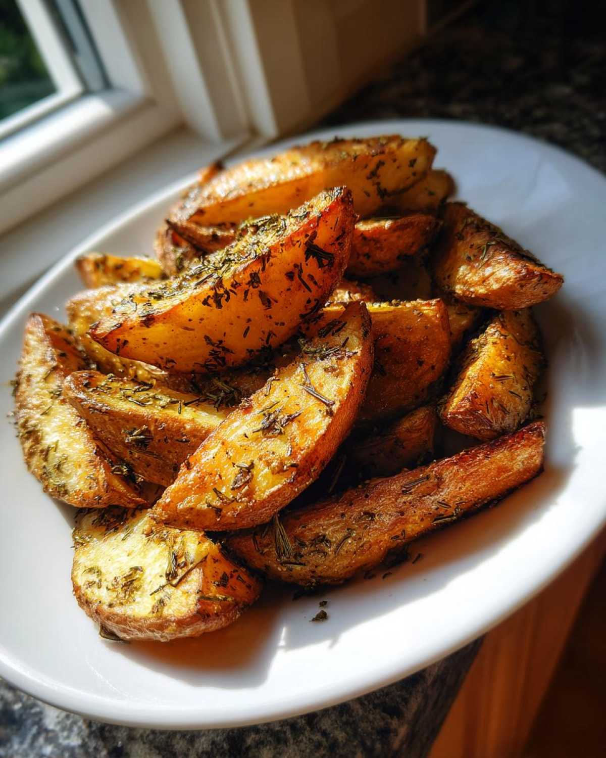 A close-up of golden brown Air Fryer Crispy Rosemary Potato Wedges seasoned heavily with dried herbs on a white plate.