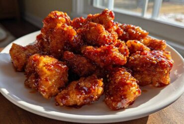 A white plate piled high with sticky, glazed Air Fryer Crispy Sweet Chili Chicken Bites.