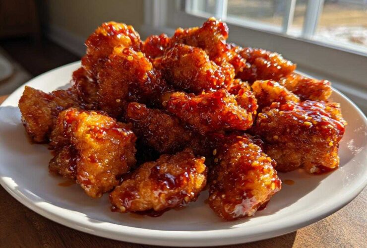 A white plate piled high with sticky, glazed Air Fryer Crispy Sweet Chili Chicken Bites.