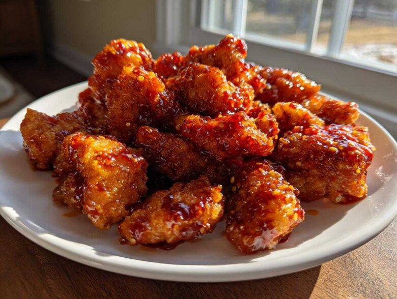 A white plate piled high with sticky, glazed Air Fryer Crispy Sweet Chili Chicken Bites.