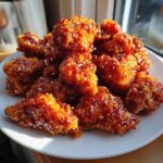 A pile of golden brown Air Fryer Crispy Sweet Chili Chicken Bites coated in a shiny, sweet glaze and sprinkled with sesame seeds.