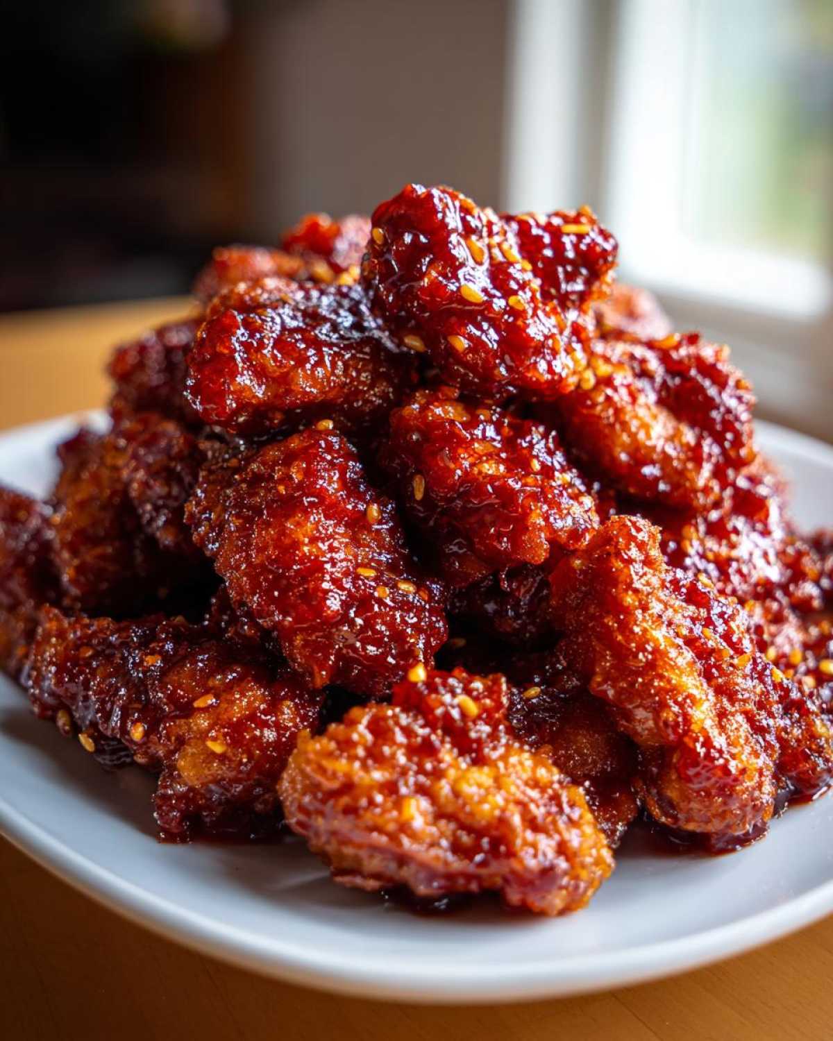 A close-up pile of glossy, dark red Air Fryer Crispy Sweet Chili Chicken Bites sprinkled with sesame seeds.