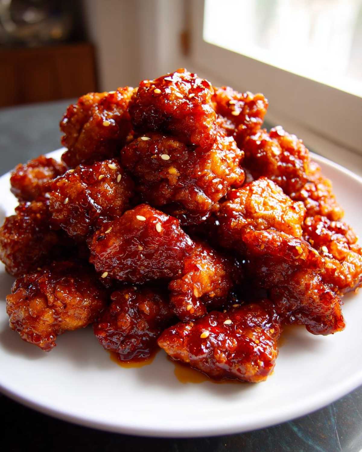 A mound of Air Fryer Crispy Sweet Chili Chicken Bites coated in a glossy, dark red sauce and sprinkled with sesame seeds.