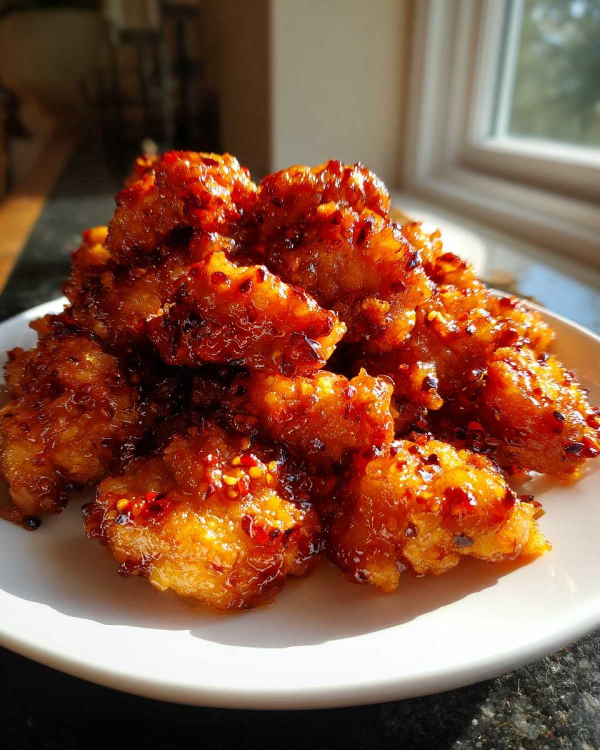 Close-up of golden, crispy Air Fryer Crispy Sweet Chili Chicken Bites piled high on a white plate.