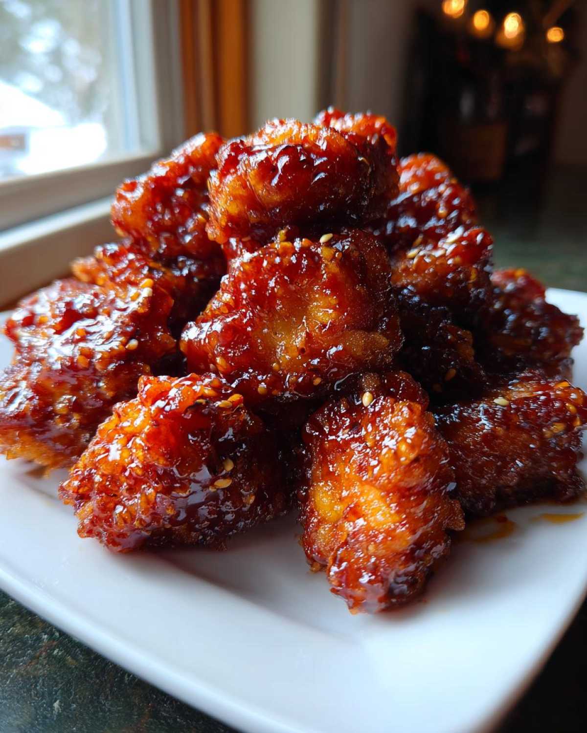 A pile of glossy, sticky Air Fryer Crispy Sweet Chili Chicken Bites sprinkled with sesame seeds on a white plate.