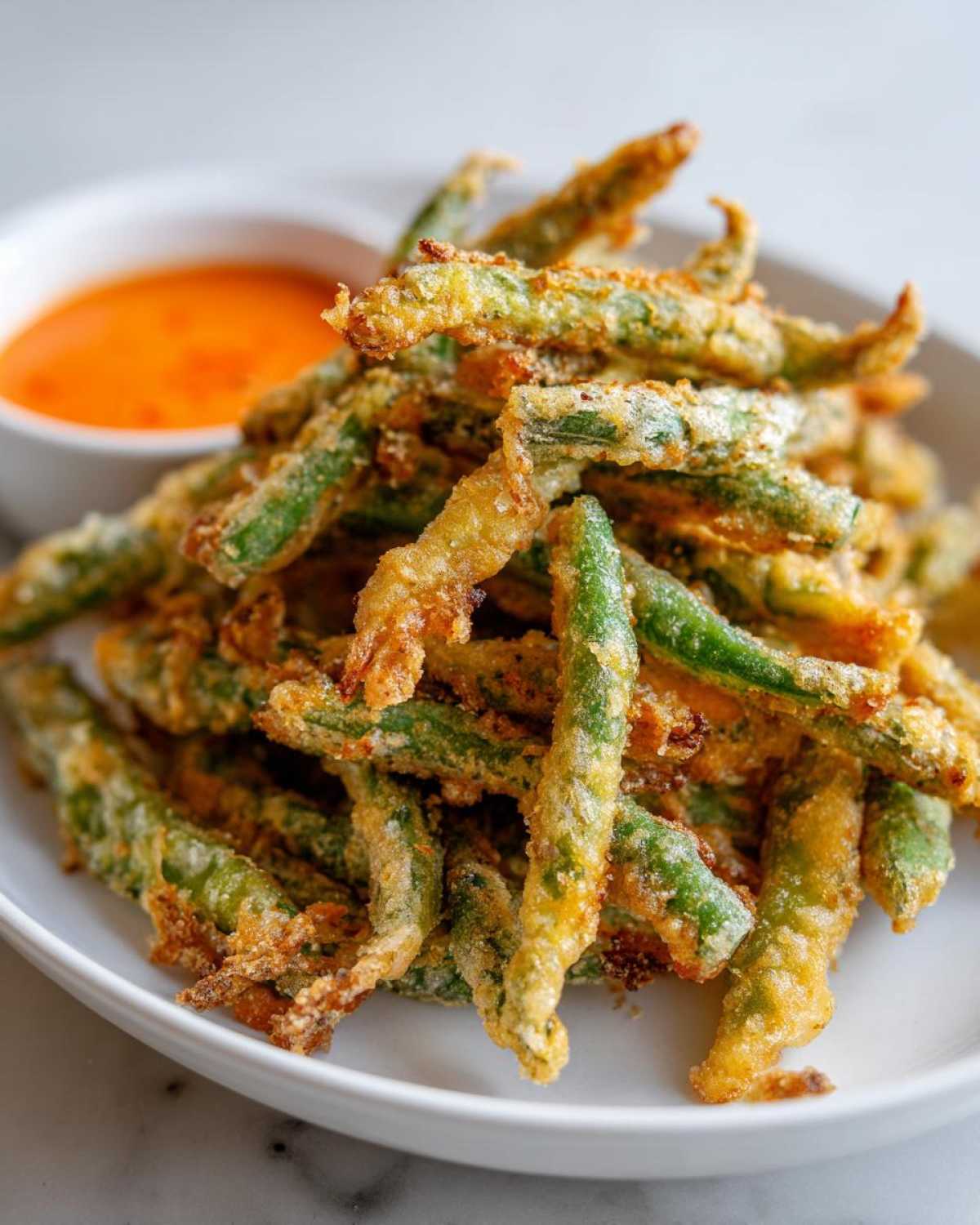 A pile of golden brown Air Fryer Crispy Tempura Green Beans served on a white plate with a side of orange dipping sauce.