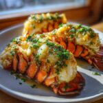 Close-up of two succulent Air Fryer Garlic Butter Lobster Tails, glistening with butter and topped with fresh parsley.