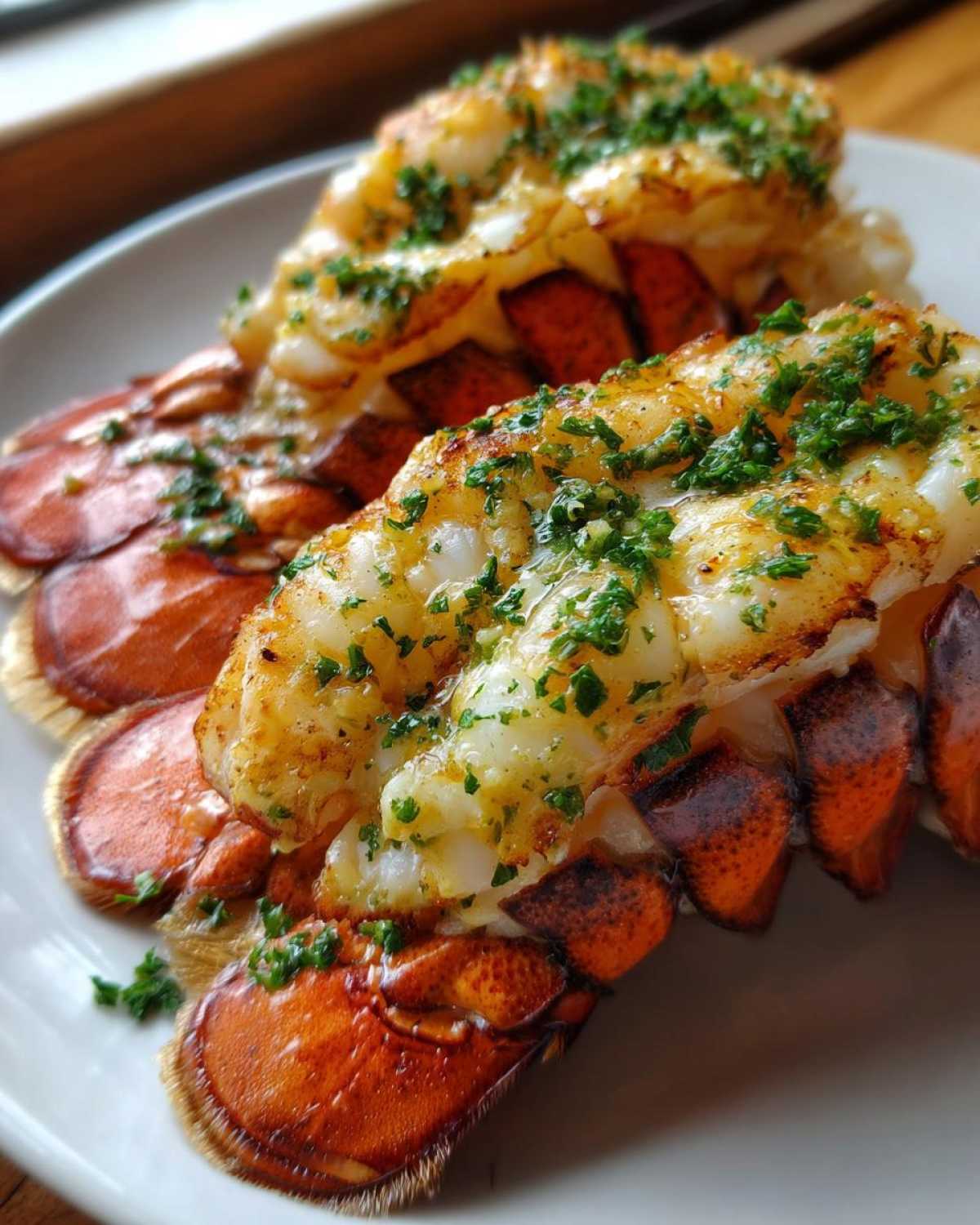 Close-up of two perfectly cooked Air Fryer Garlic Butter Lobster Tails, topped with melted butter and fresh parsley.