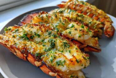 Close-up of three cooked Air Fryer Garlic Butter Lobster Tails, topped with melted butter and fresh parsley.