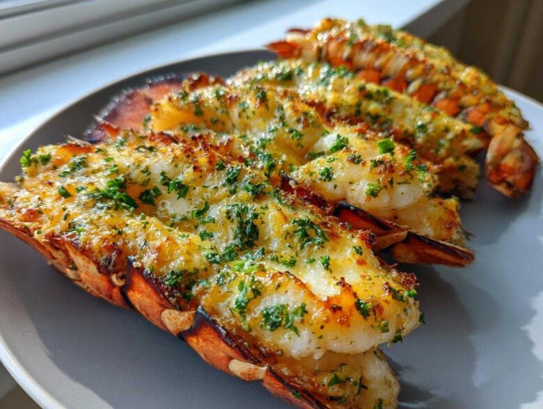Close-up of three cooked Air Fryer Garlic Butter Lobster Tails, topped with melted butter and fresh parsley.