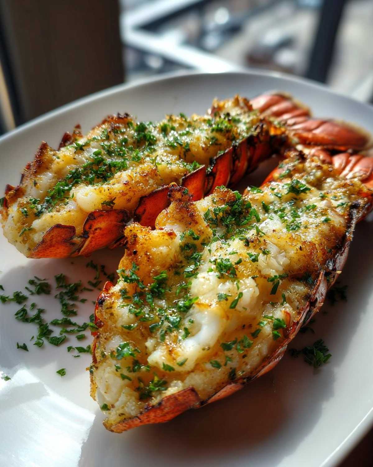 Two perfectly cooked Air Fryer Garlic Butter Lobster Tails, split open and topped with melted butter and fresh parsley.