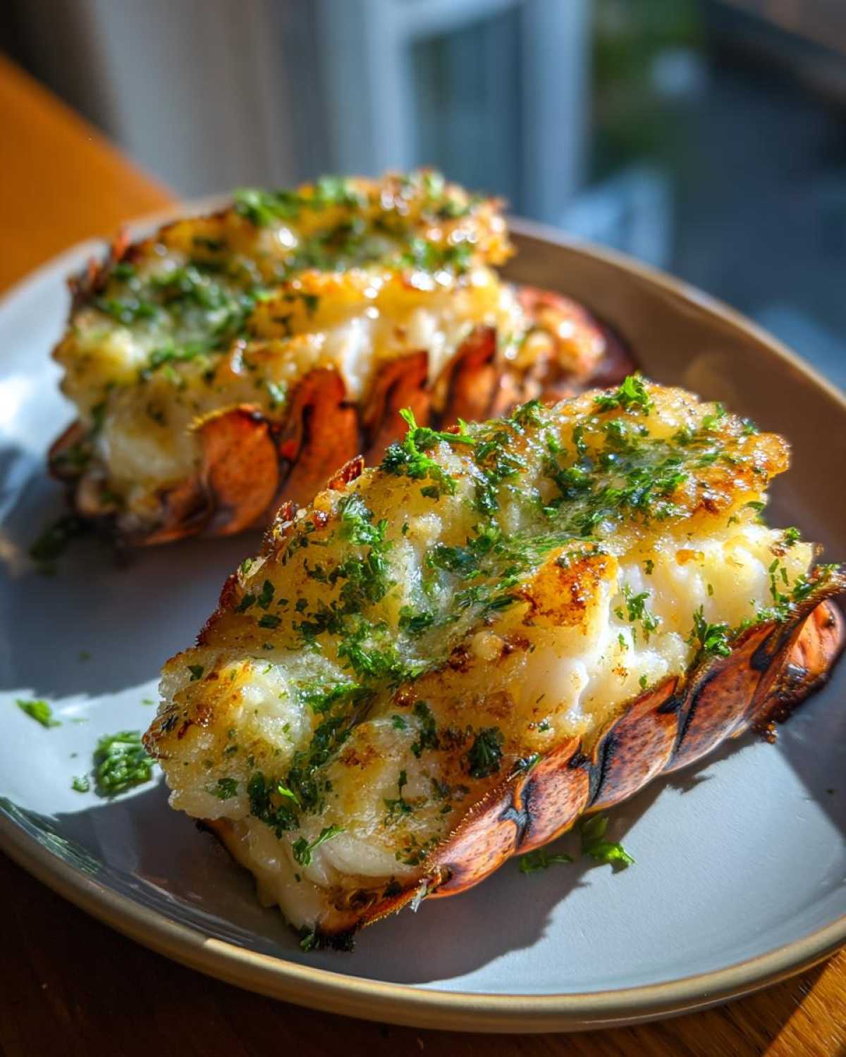 Two perfectly cooked Air Fryer Garlic Butter Lobster Tails, topped with melted butter and fresh parsley, resting on a plate.