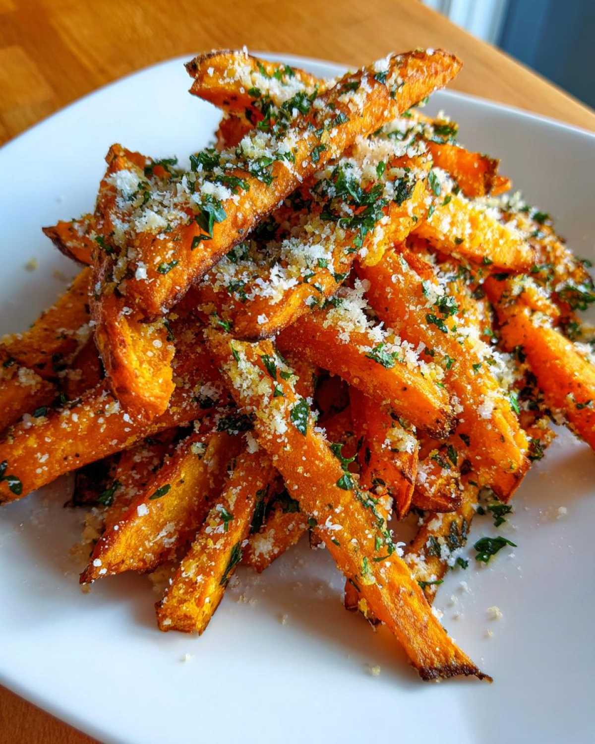 A pile of crispy Air Fryer Garlic Parmesan Sweet Potato Fries topped with grated cheese and fresh parsley.