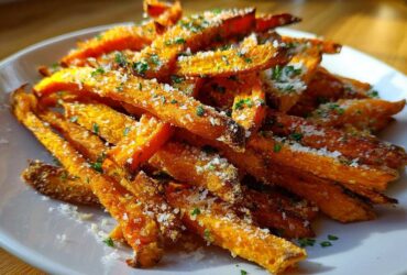 A close-up of crispy Air Fryer Garlic Parmesan Sweet Potato Fries topped with grated cheese and parsley.
