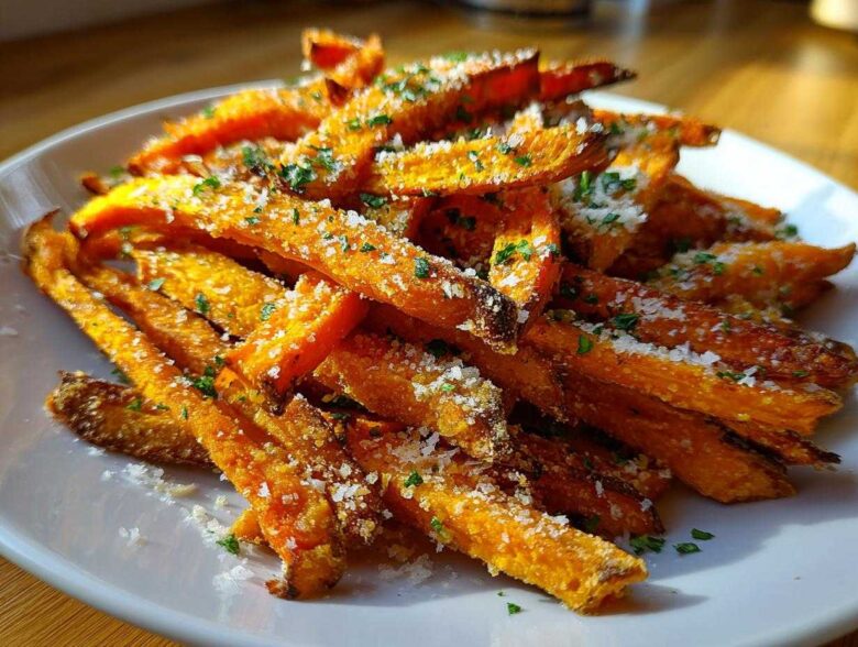 A close-up of crispy Air Fryer Garlic Parmesan Sweet Potato Fries topped with grated cheese and parsley.
