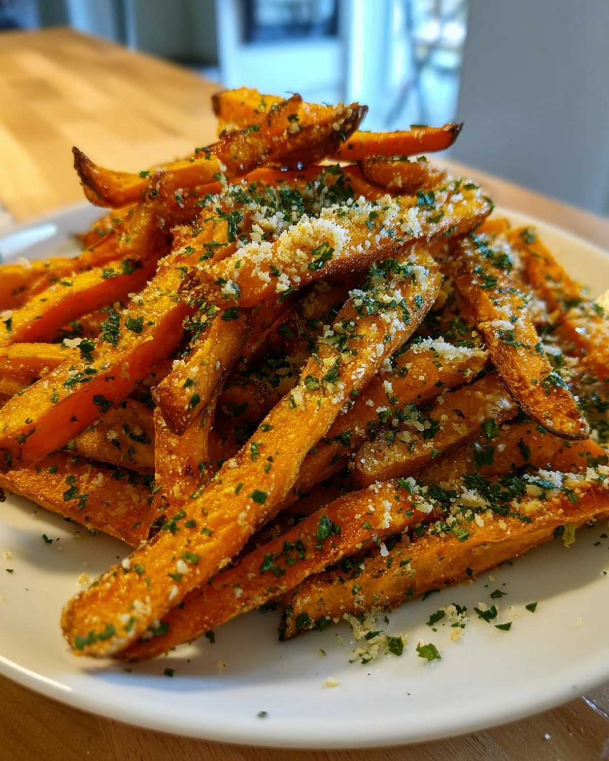 A close-up of crispy Air Fryer Garlic Parmesan Sweet Potato Fries piled high on a white plate, topped with cheese and parsley.