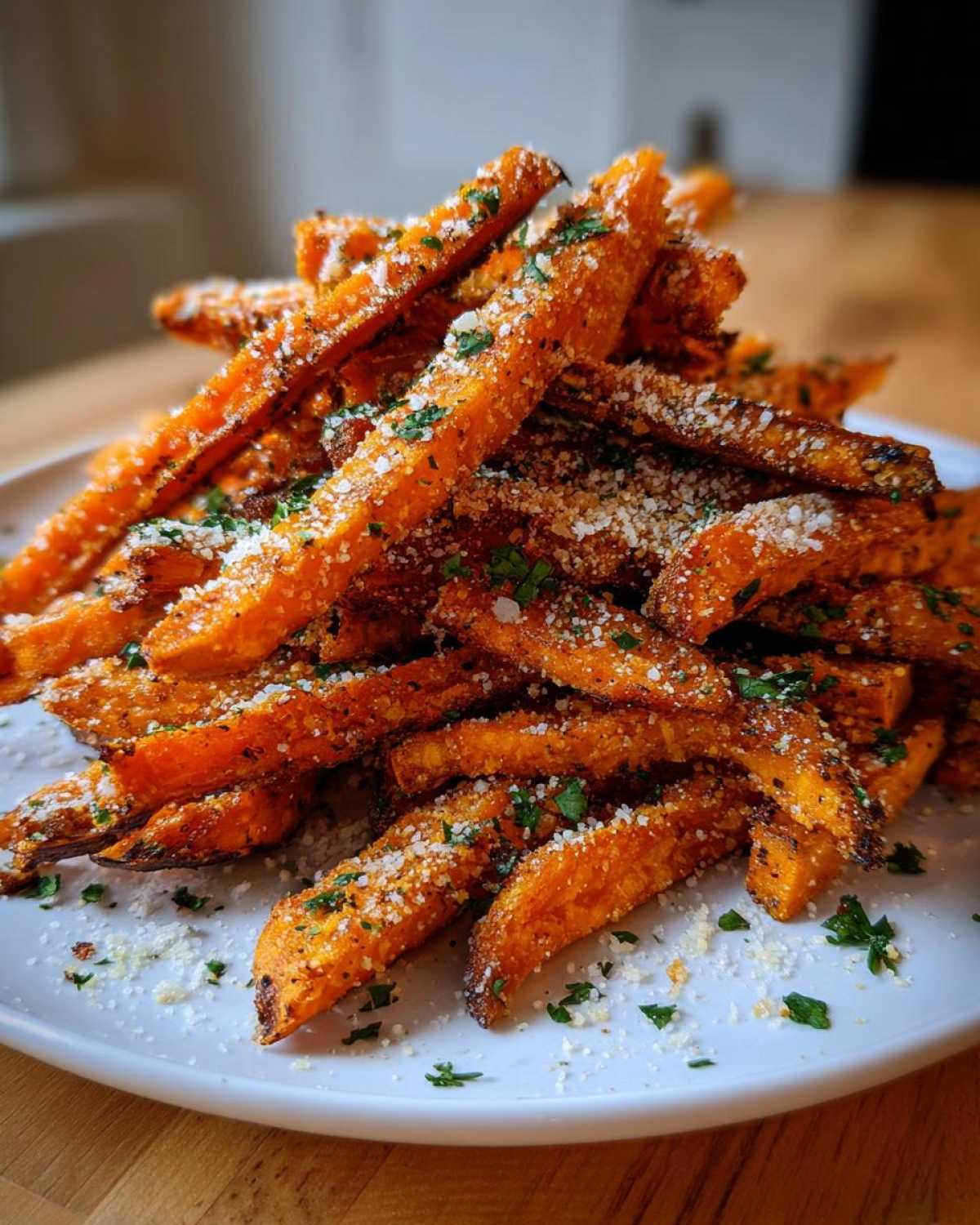 A tall pile of crispy Air Fryer Garlic Parmesan Sweet Potato Fries topped with grated cheese and parsley.