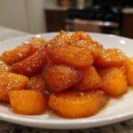 Close-up of sweet, glistening Air Fryer Maple Glazed Carrots piled high on a white serving dish.