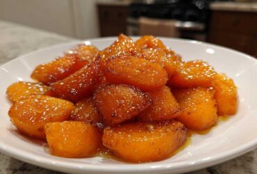 Close-up of sweet, glistening Air Fryer Maple Glazed Carrots piled high on a white serving dish.
