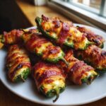 A plate piled high with crispy, cheesy Air Fryer Stuffed Jalapeno Poppers with Bacon, perfectly cooked.