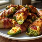 A plate piled high with crispy Air Fryer Stuffed Jalapeno Poppers with Bacon, featuring cheesy filling.