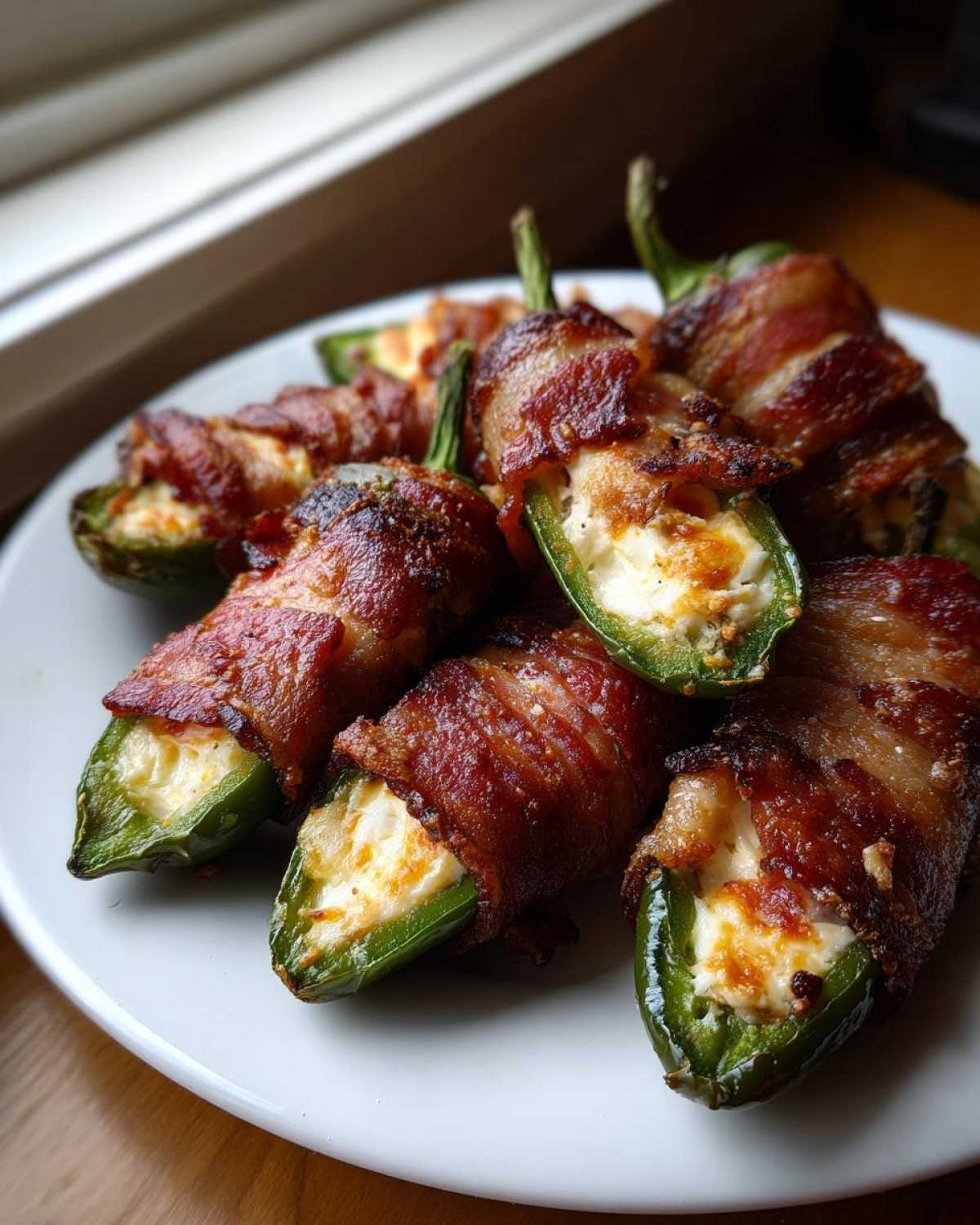 A plate of freshly cooked Air Fryer Stuffed Jalapeno Poppers with Bacon, showing crispy bacon wrapping creamy cheese filling.