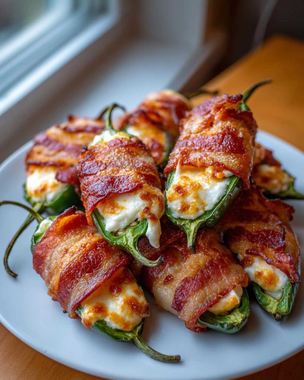 A plate of crispy Air Fryer Stuffed Jalapeno Poppers with Bacon, filled with melted cheese.