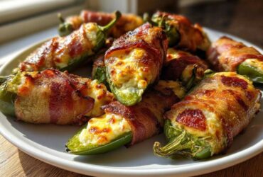 A plate piled high with crispy Air Fryer Stuffed Jalapeno Poppers with Bacon, featuring cheesy filling.