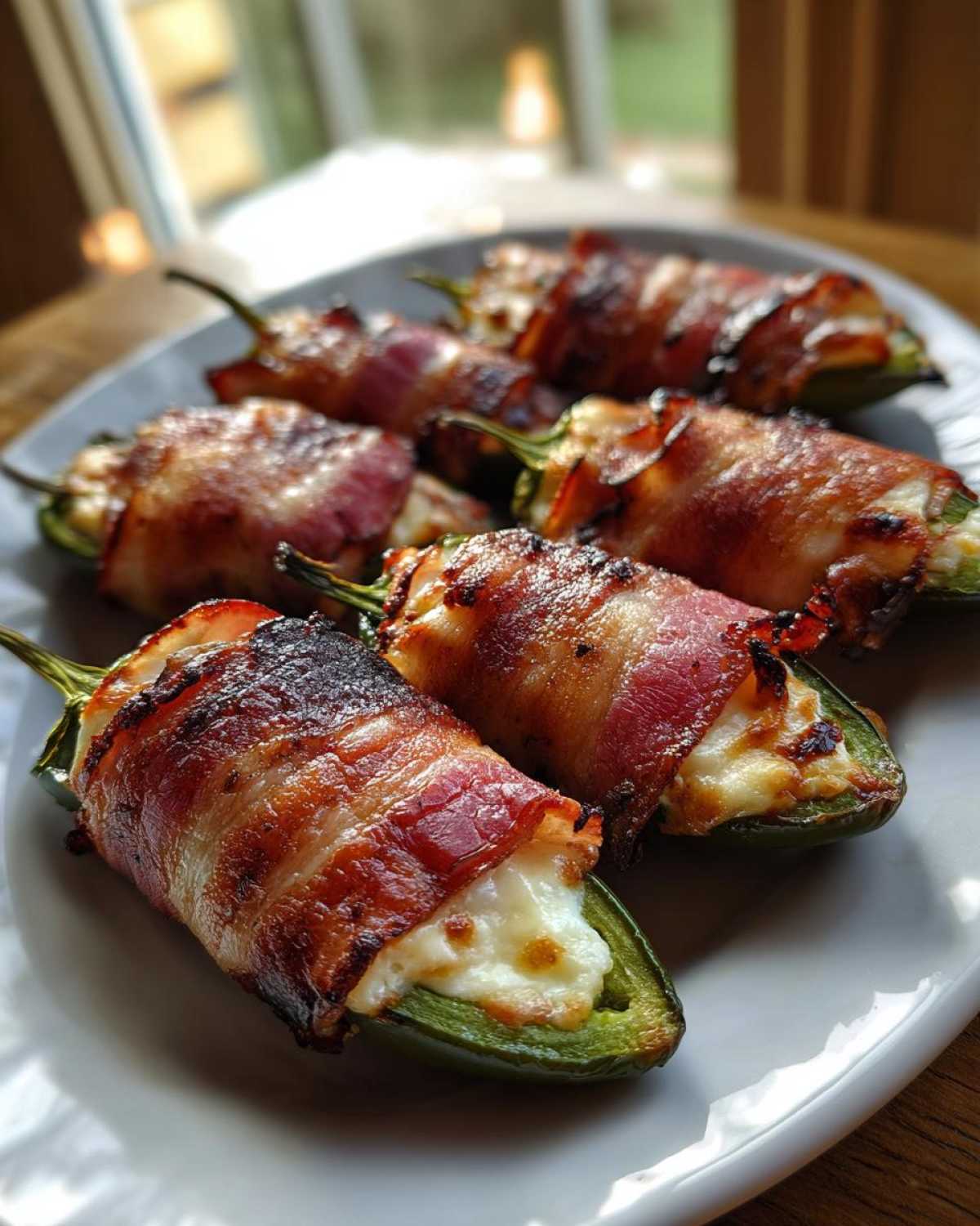 Close-up of crispy bacon wrapped Air Fryer Stuffed Jalapeno Poppers filled with melted cheese.