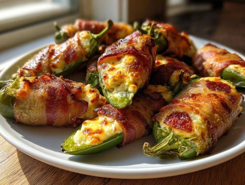 A plate piled high with crispy Air Fryer Stuffed Jalapeno Poppers with Bacon, featuring cheesy filling.