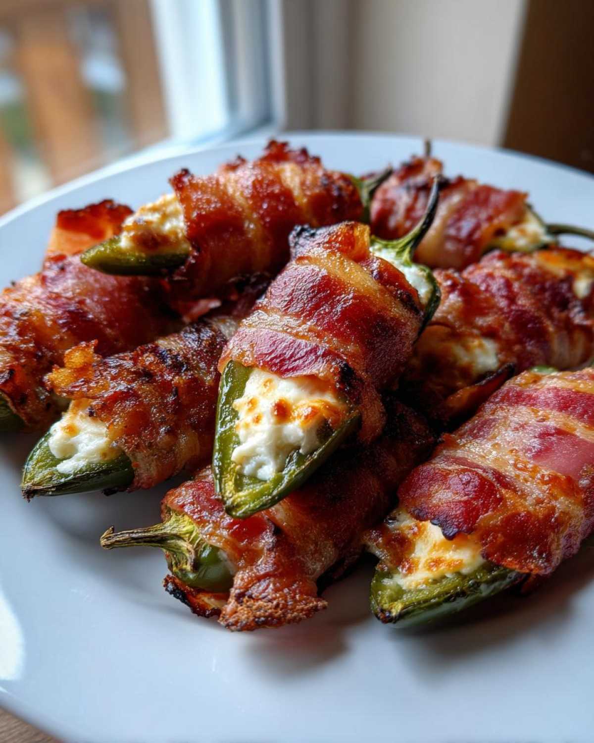 A plate piled high with crispy, bacon-wrapped Air Fryer Stuffed Jalapeno Poppers filled with melted cream cheese.