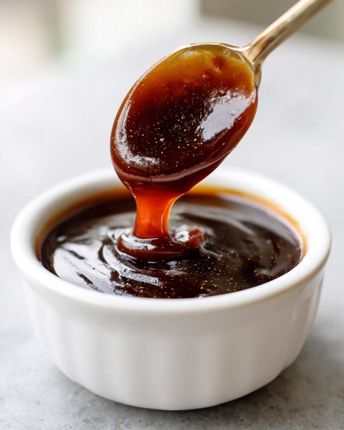 A spoonful of thick, dark Copycat Chick-fil-A Honey Roasted BBQ Sauce is drizzled back into a small white ramekin.