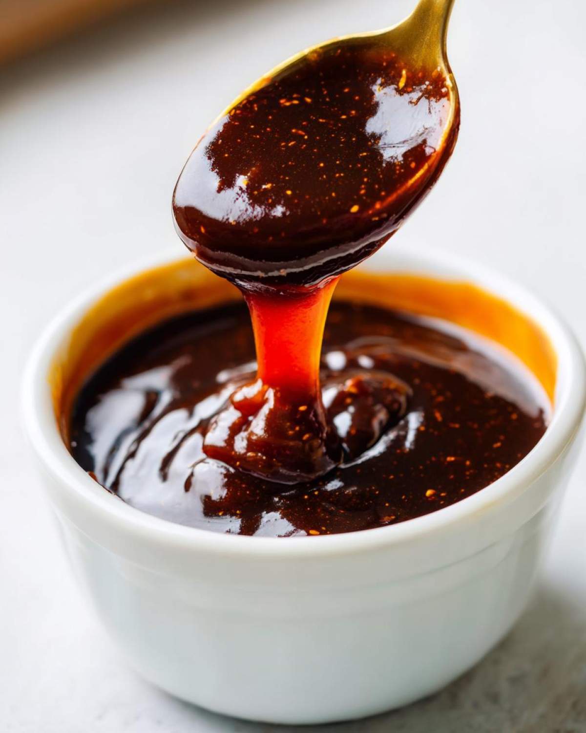 A spoonful of thick, dark Copycat Chick-fil-A Honey Roasted BBQ Sauce being drizzled back into a white ramekin.