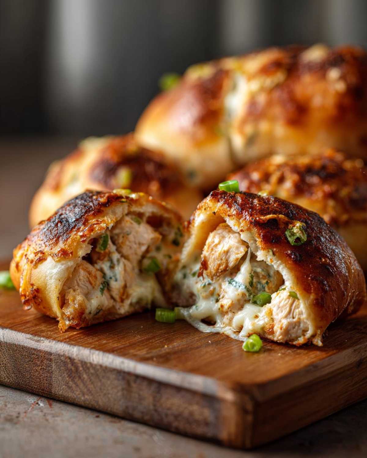 Close-up of a Copycat Costco Chicken Bake cut in half, showing creamy chicken filling and melted cheese.