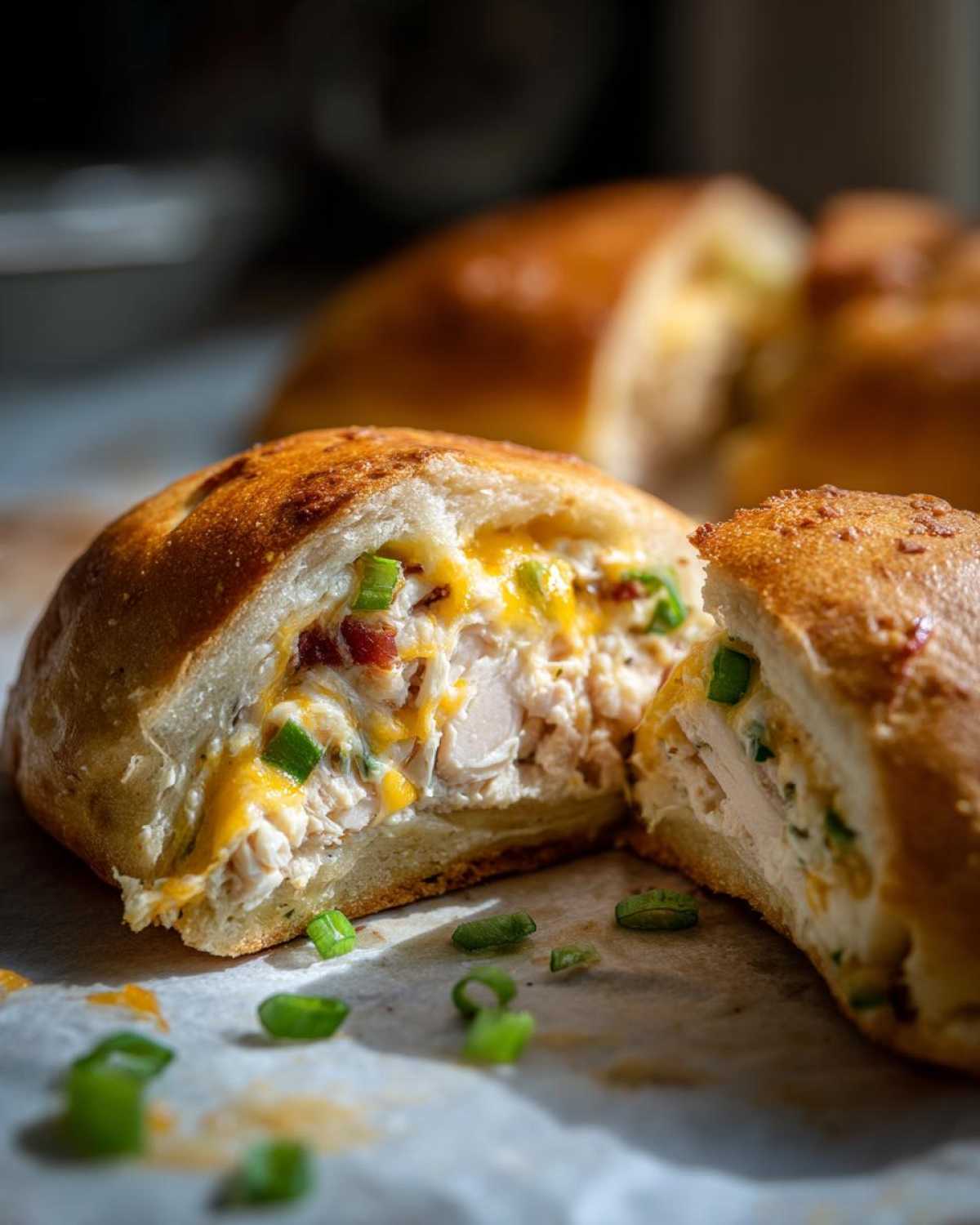 Close-up of Copycat Costco Chicken Bake cut in half, showing shredded chicken, melted cheese, and green onions inside a golden crust.