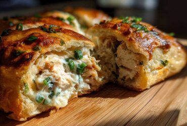 A close-up shot of a Copycat Costco Chicken Bake cut in half, revealing creamy chicken filling and green onions inside a golden crust.