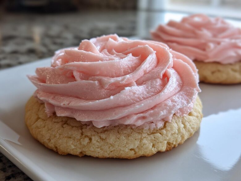 Close-up of a thick, soft Copycat Crumbl Sugar Cookie with Pink Frosting piped in a rose swirl.