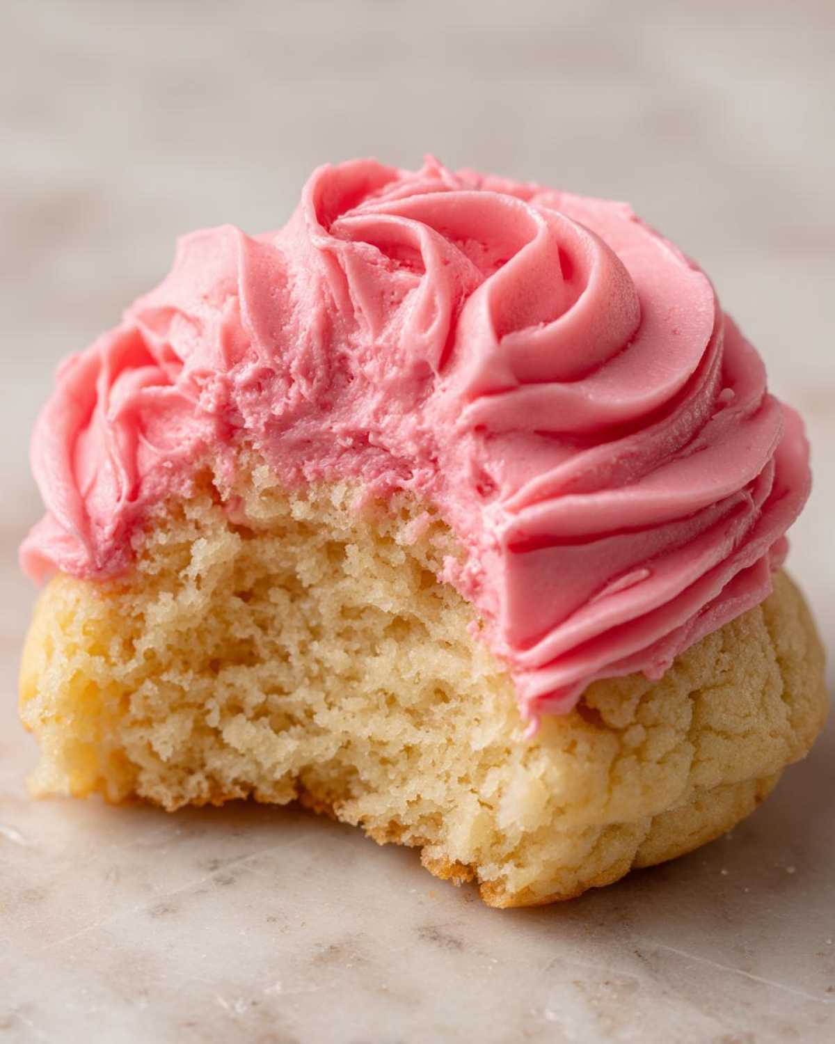 Close-up of a Copycat Crumbl Sugar Cookie with Pink Frosting, showing a bite taken out revealing the soft interior.