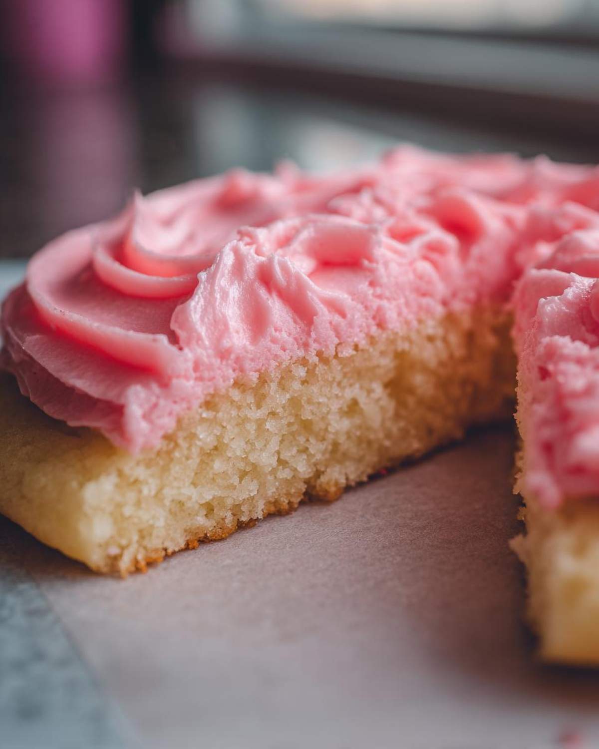 Close-up cross-section of a thick Copycat Crumbl Sugar Cookie with Pink Frosting showing the soft cake texture.