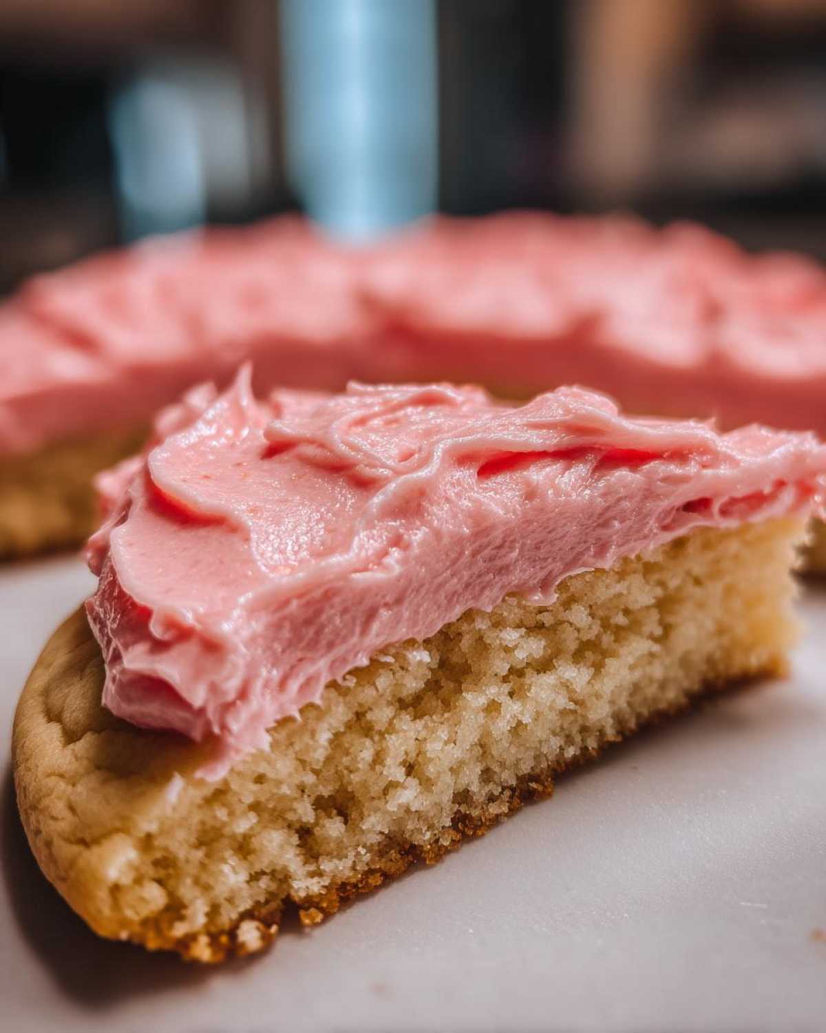 A close-up cross-section of a Copycat Crumbl Sugar Cookie with thick, swirled pink frosting on top.