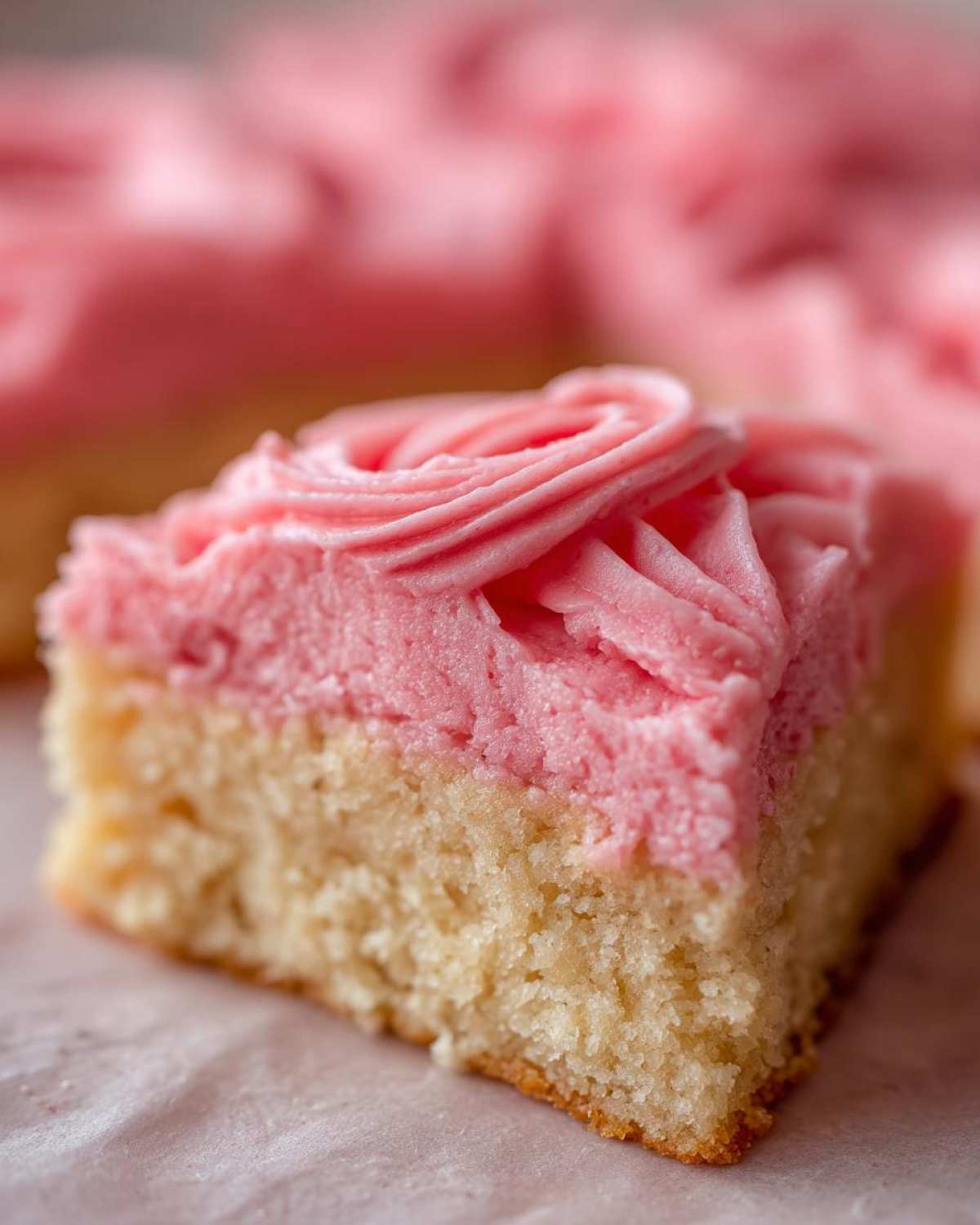 A close-up, macro shot of a square piece of Copycat Crumbl Sugar Cookie with Pink Frosting, showing the soft cake base and piped frosting.