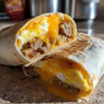 A Copycat Dunkin' Wake-Up Wrap cut in half showing melted cheese, sausage, and egg inside a toasted tortilla.
