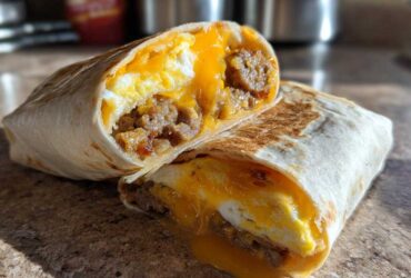 A Copycat Dunkin' Wake-Up Wrap cut in half showing melted cheese, sausage, and egg inside a toasted tortilla.