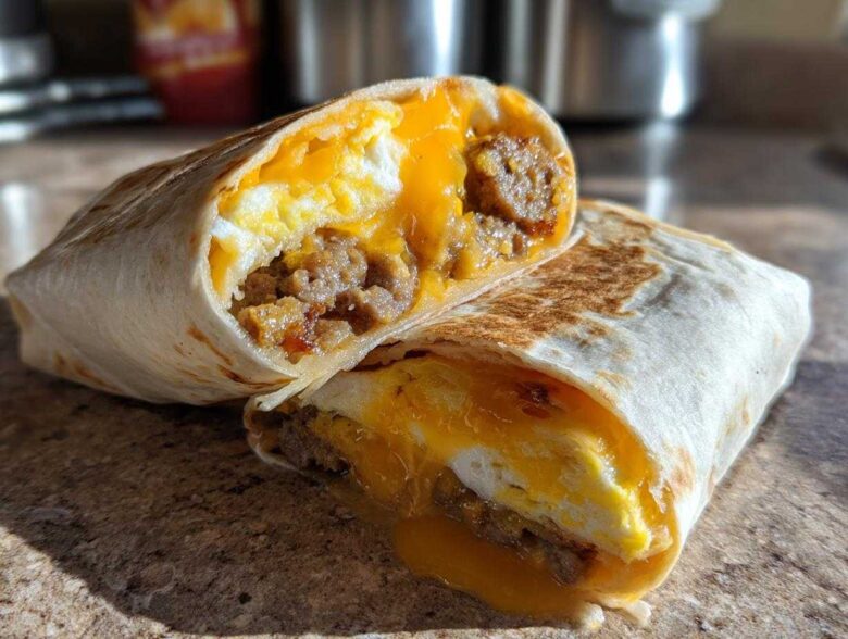 A Copycat Dunkin' Wake-Up Wrap cut in half showing melted cheese, sausage, and egg inside a toasted tortilla.