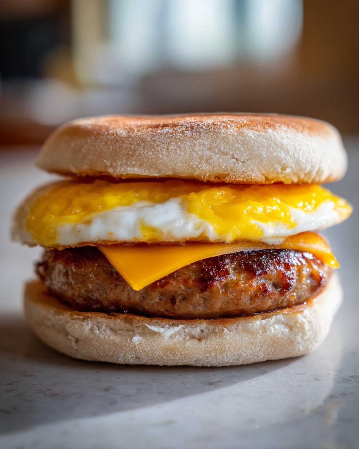 A homemade Copycat McDonald's Sausage Egg McMuffin featuring a toasted English muffin, sausage patty, cheese, and fried egg.