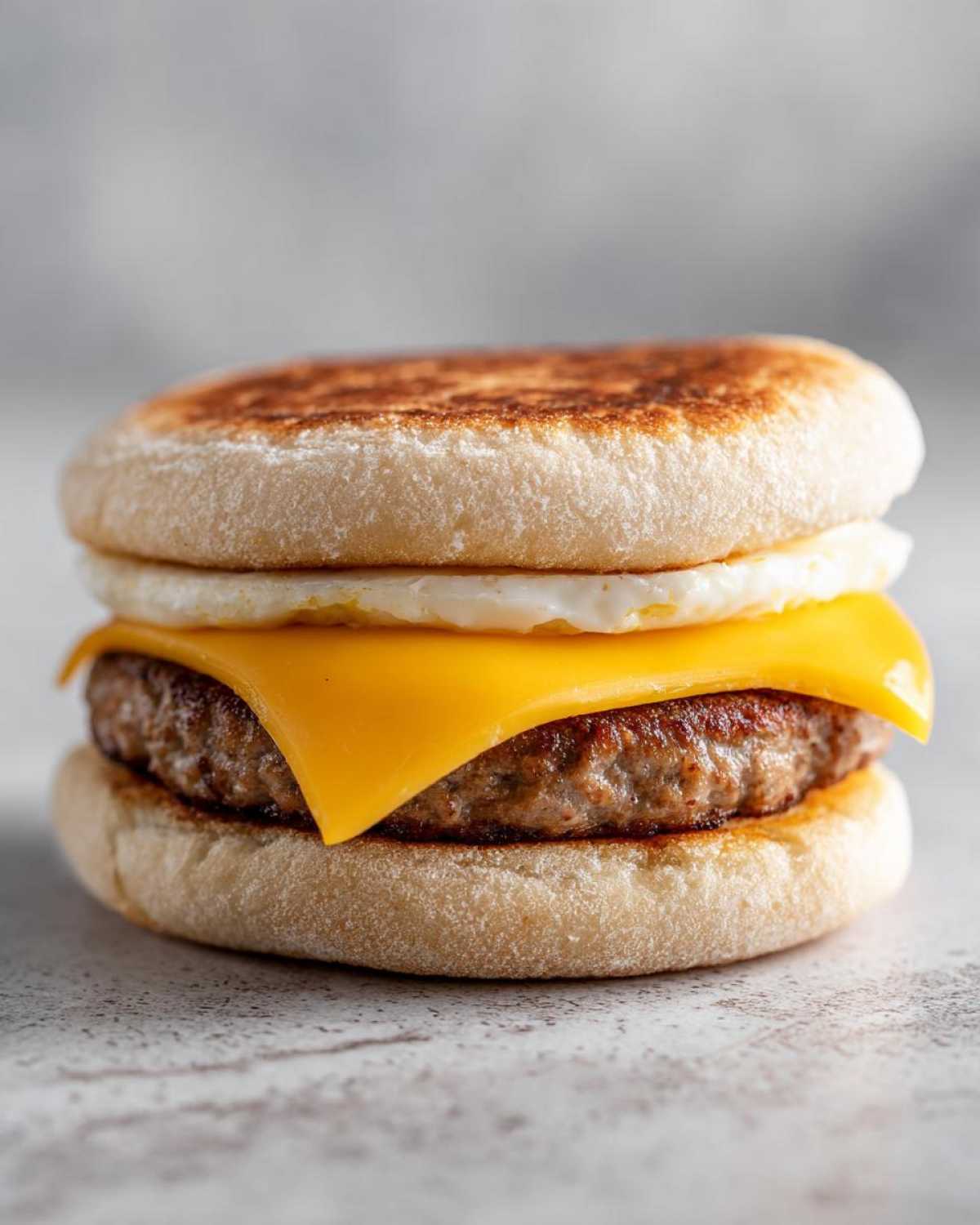 A perfectly assembled Copycat McDonald's Sausage Egg McMuffin featuring a toasted English muffin, sausage patty, cheese, and egg.