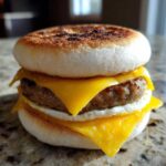 A perfectly assembled Copycat McDonald's Sausage Egg McMuffin featuring a toasted English muffin, sausage patty, fried egg, and melted American cheese.