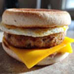 Close-up of a homemade Copycat McDonald's Sausage Egg McMuffin with toasted English muffin, sausage patty, egg, and melted cheese.