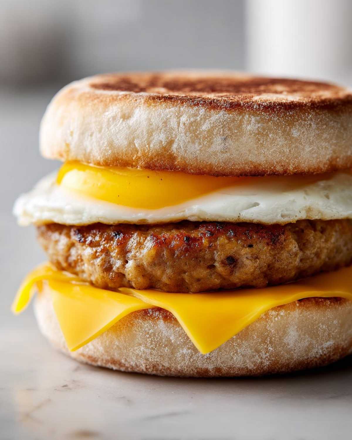 A perfectly assembled Copycat McDonald's Sausage Egg McMuffin featuring a toasted English muffin, melted cheese, sausage patty, and fried egg.