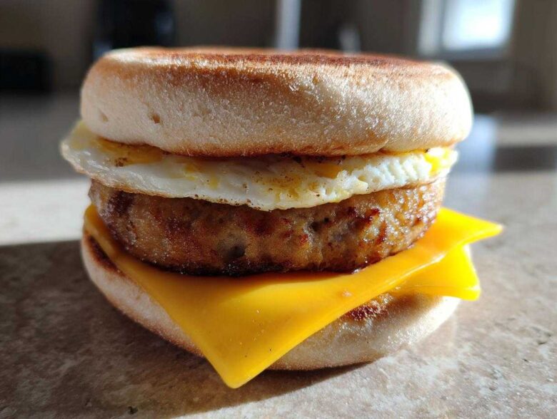 Close-up of a homemade Copycat McDonald's Sausage Egg McMuffin with toasted English muffin, sausage patty, egg, and melted cheese.